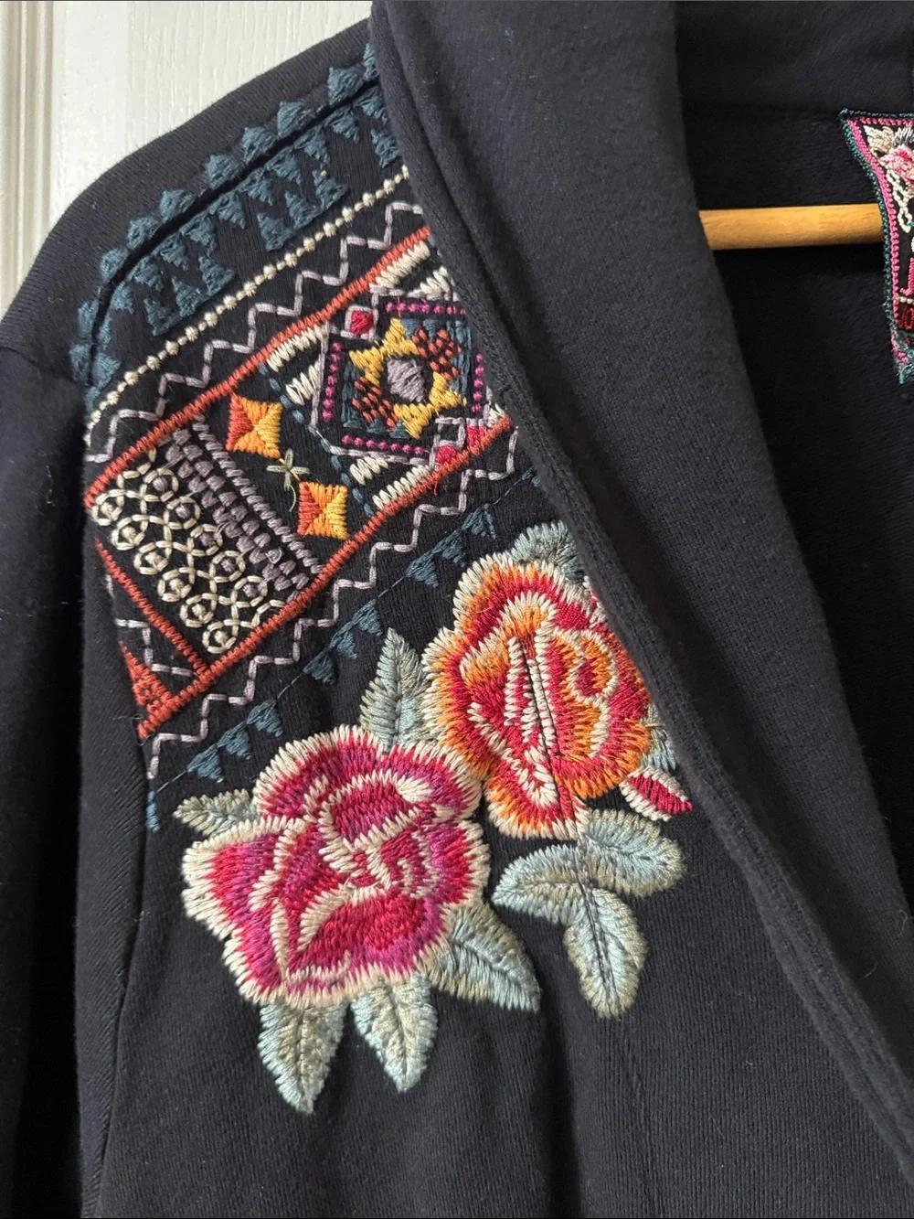 Johnny Was Black Embroidered Kimono| Duster with Rose Accents